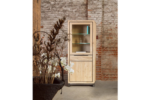 Designer Oak Stone Range Display single cabinet - 1 glass door, 1 oak door, 1 drawer