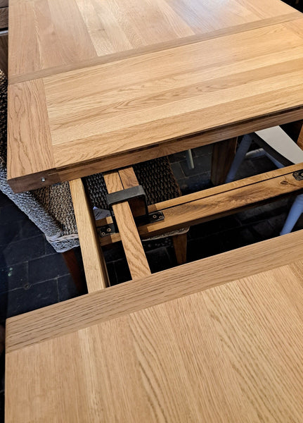 French Country Oak - extending dining table - farmhouse with footrail with centrally stored extensions - MANY SIZES - 6 to 14 seater tables