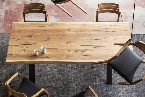 Forest Oak Table with HX leg in industrial steel  steel - Natural edge with soft cracks and  smooth oiled finish