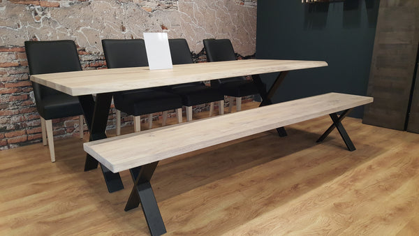 Forest Oak Table top light X shaped steel legswith natural  edge and smooth C6 white oiled top