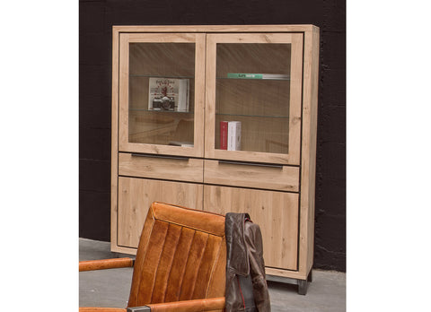 Designer Oak Stone Range Display double cabinet tall - 2 glass door, 2 oak door, 2 drawer