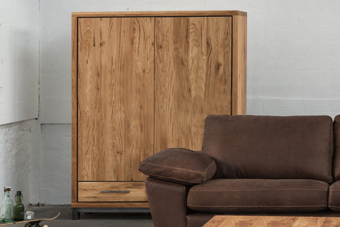 Designer Oak Stone Range Display double cabinet low - 2 tall oak doors, 2 drawers at base