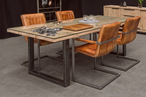 Designer Oak - Stone Range Dining table - 4cm thick parquet top with glass top - Industrial Leg